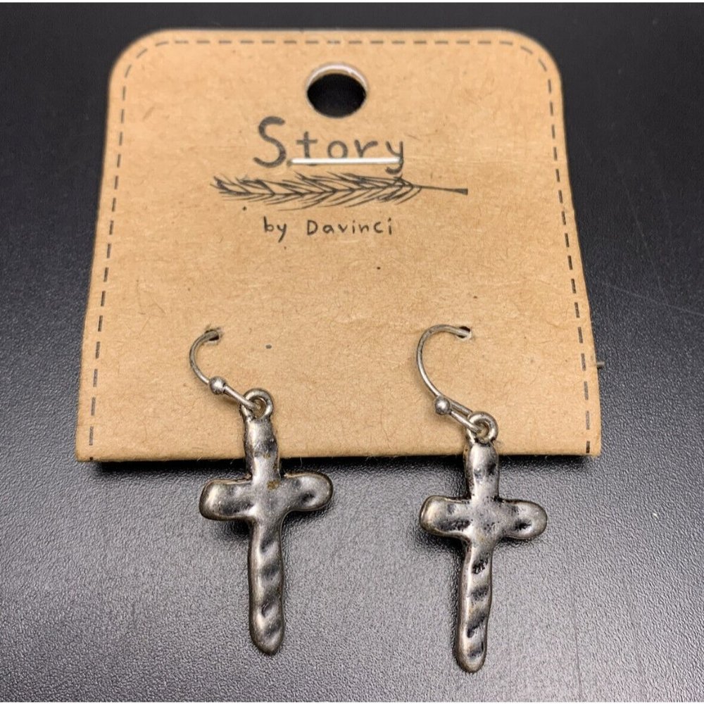 Hammered Cross Earrings Silver Tone Drop Dangle Hook Story by Davinci Pierced